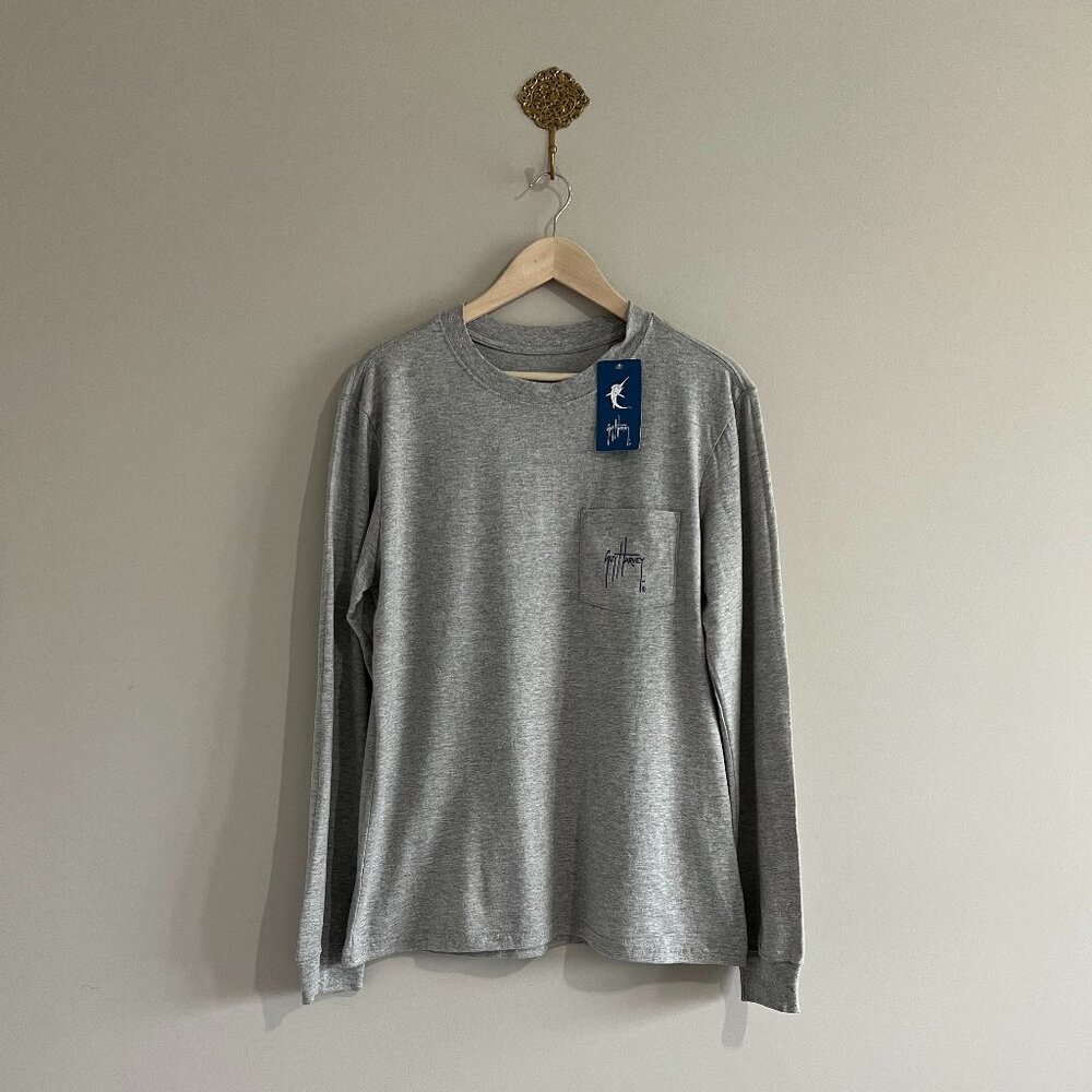 NWT Guy Harvey Long Sleeve Pocket Tee Heather Gray Medium | Fishing Graphic Marl